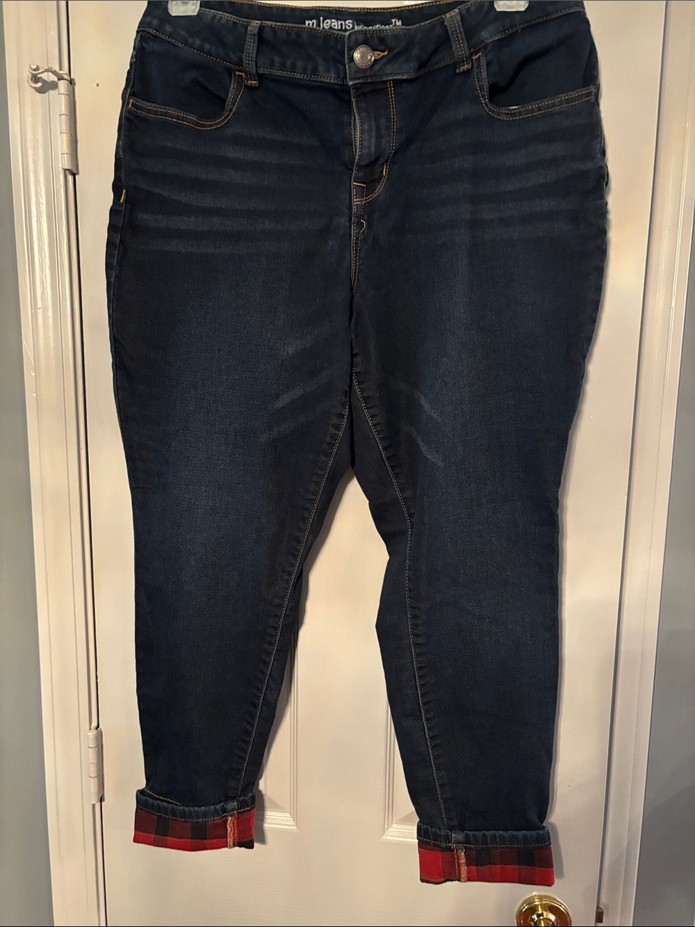 Maurices Dark Blue Stretch Mid-Rise Jeans with Red Plaid Cuffs